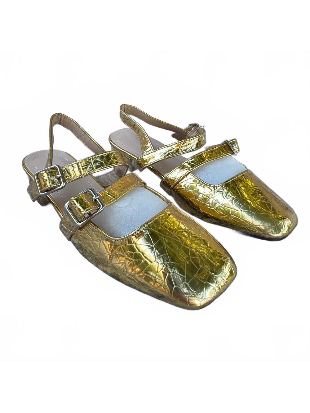 Size 38 Metallic Gold Mary Jane Block Heel Shoes
